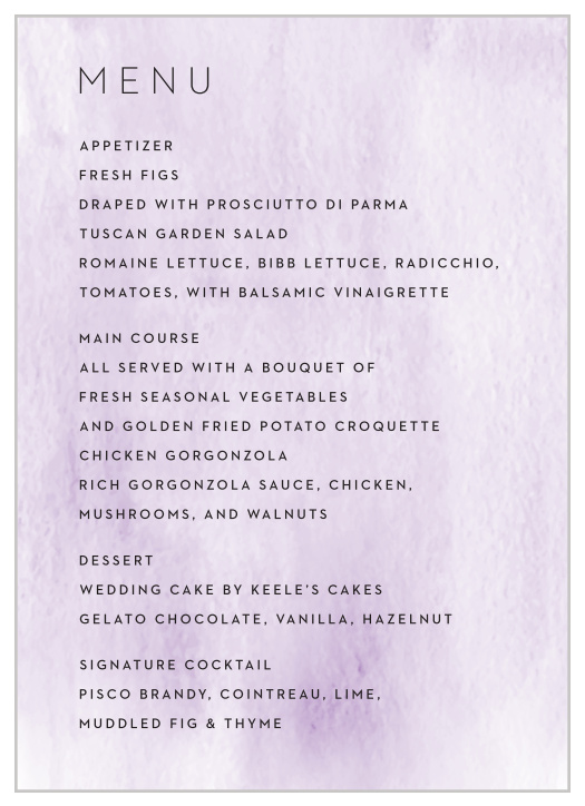 These Simple Brushstroke Wedding Menus stay in line with the minimalist, watercolor design you see in the other items of this wedding invitation package.  