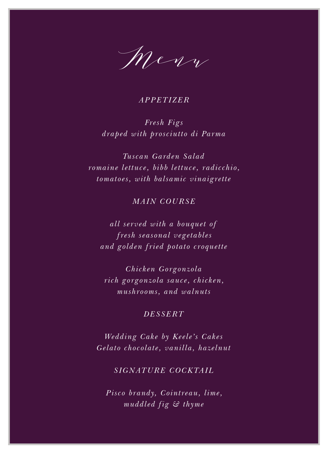 Grape Peonies Wedding Menus