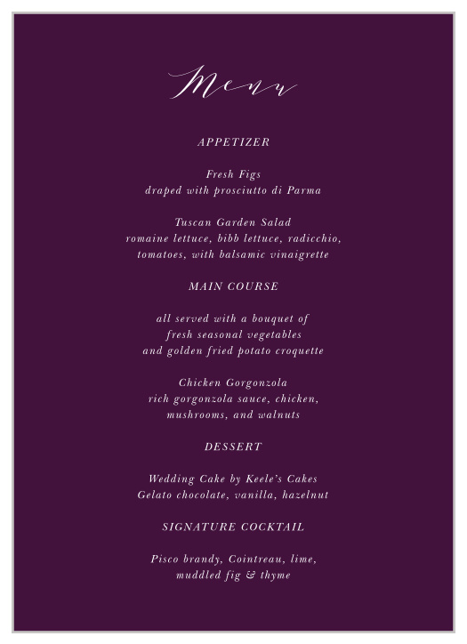 Our Grape Peonies Wedding Menus are simple, and they put the focus of the design on the text. 