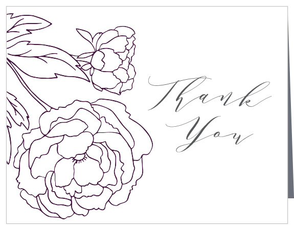 Two large purple peonies blossom beautifully from the side of our Grape Peonies Wedding Thank You Cards.  