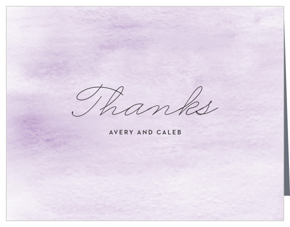Our Simple Brushstroke Wedding Thank You Cards feature a unique background of lightly watercolored purple paint.  