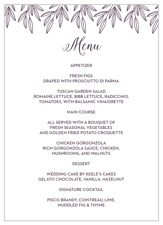 The top of our botanical-themed Wreath of Love Wedding Menus is lined with a canopy of beautiful purple leaves.
