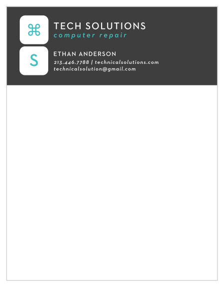 Our Computer Repair Business Stationery is perfect for every piece of professional correspondence. A stormy-gray banner tops each page, borrowing from your minimalistic business cards to contrast the sheer white of the space below. With splashes of teal-blue text to contrast the otherwise gray-white design, you can be sure that your stationery stands out.