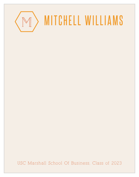 Student Monogram Business Stationery offer a professional backdrop for your every written word. Each page is topped by your name and monogrammed initial in brilliant orange, a striking complement to the pearl background, while your details are spelled out along the bottom in clean-cut typography.