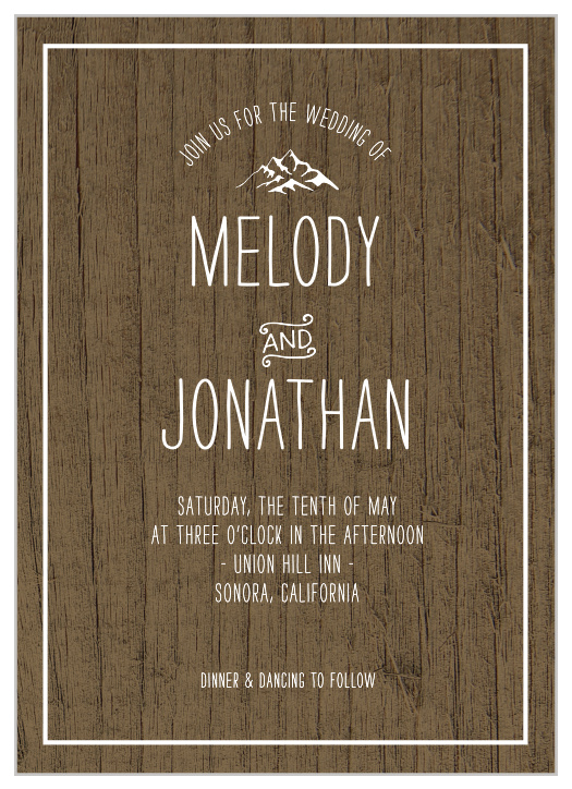 Our Rustic Union Wedding Invitations offer an elegant, nature-based design for your big day. A graphic of textured woodgrain fills the background of each card, serving as a beautiful basis for the brilliant white of your wedding details. Your own names take front and center stage, their typeface a carefully etched print into the dark wood behind. With a small illustration of a mountain range above to give your guests a taste of adventure, these cards are a lovely addition to your wedding preparations.