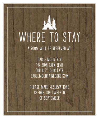 Offer your local recommendations to your guests with the nature stylings of our Rustic Union Accommodation Cards. An illustration of a tent and grove of evergreens tops the woodgrain page, standing out in the same white as your text below. With a simple frame surrounding the entirety of your details, you can be sure that your guests are as comfortable as possible in the days surrounding your wedding.