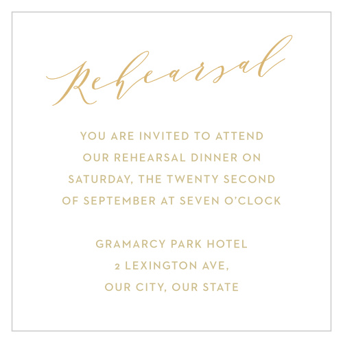 Get the information out for your rehearsal with our Golden Wildflowers Rehearsal Cards!  “Rehearsal” is written in calligraphy across the top, while the details are written below. 