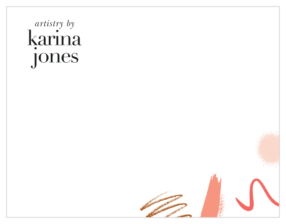 Swatches of lipstick, liners, and shadows decorate the bottom corner of our Makeup Swatches Business Stationery. 