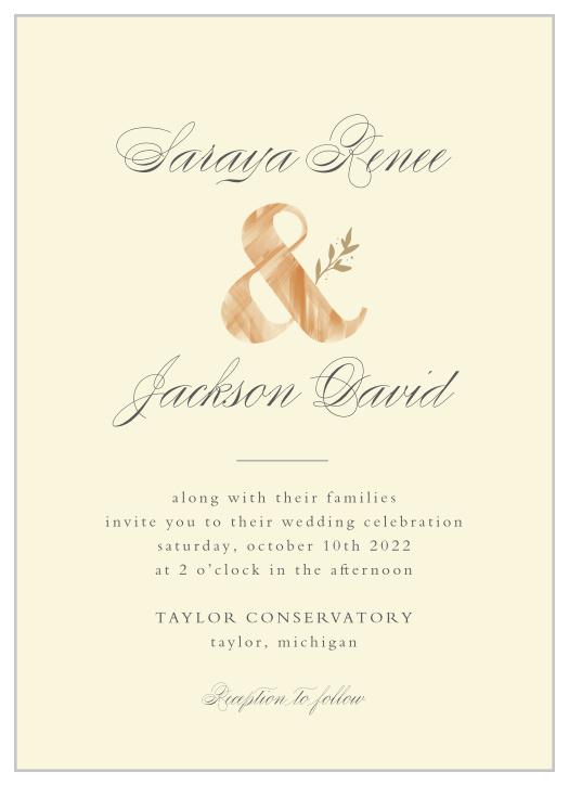 Guarantee that your wedding day is spent surrounded by the people you value most with our Rustic Ampersand Wedding Invitations. Neat calligraphy spells out each your names through the top half of the card, joined together by the carefully grown ampersand between them. Each wedding day detail is written just below in a popular print, the black text complemented lovelily by the classic champagne color of the background- a combination of shades that make each word as easy to read as the last.
