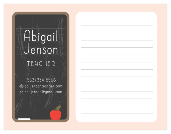 An old-school chalkboard set beside a lined notebook page serves as the background for our Teacher's Chalkboard Business Stationery.