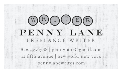 Ensure that your clients know what you do at a glance with the vintage style of our Textured Typewriter Business Cards. Typewriter keys spell out your general profession along the top of the card, followed immediately by your own name in beautiful serif that matches the rest of your contact details. With each word in a clear and clean-cut black type against the textured appearance of the background, you can be sure that every first impression is also your best.
