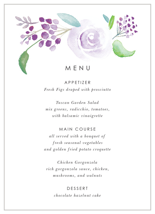 Our Mauve Florals Wedding Menus will have your guests' mouths watering as soon as they see them! 