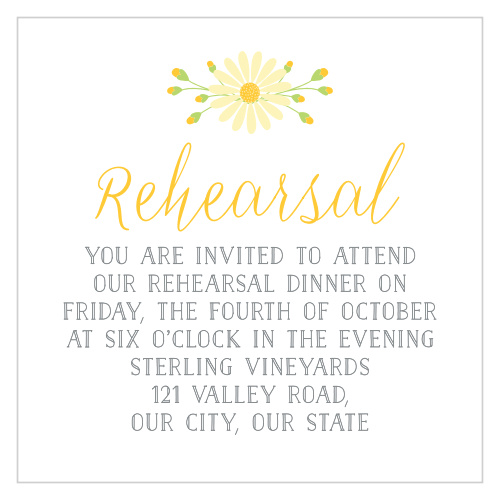 Gather your loved ones to your rehearsal dinner with our Daisy Frame Rehearsal Cards!