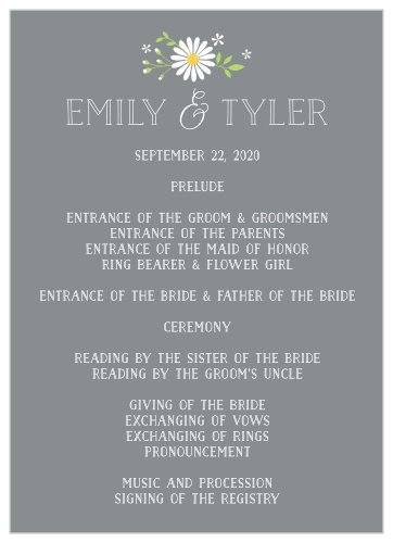 Give your guests the opportunity to follow along with each moment of your ceremony with our lovely Daisy Frame Wedding Programs.
