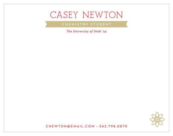 Your name sits in bold red letters at the top of your Chemistry Student Business Stationery.  