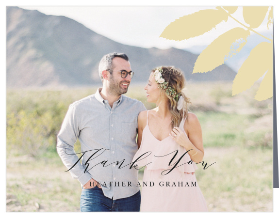 Feature a beautiful photo of you as a couple on our Gilded Leaf Wedding Thank You Cards.