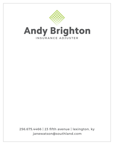 Guarantee that every word leaving your office bears your contact information with our Bright Insurance Business Stationery. French-gray print spells out every detail that your clients need, supplemented by a flash of apple-green at the top of the page, while still leaving plenty of room for your needs. With a collection of these pages, you can be sure that every piece of correspondence is as professional as your reputation.