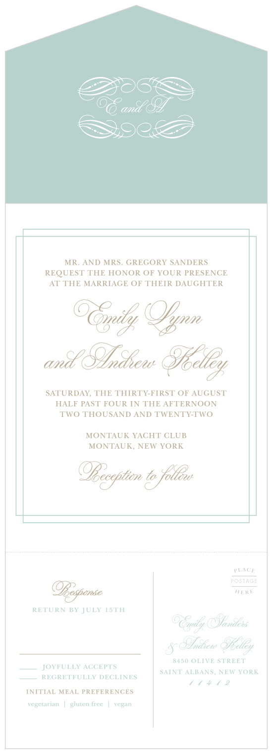 Elegantly celebrate the bride-to-be with the completely customizable Emily Swash Seal & Send Wedding Invitations.