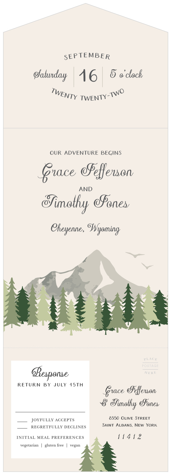 The beautifully designed landscape makes our Forest Escape Seal & Send Wedding Invitations the perfect choice for announcing your special occasion to friends and family.