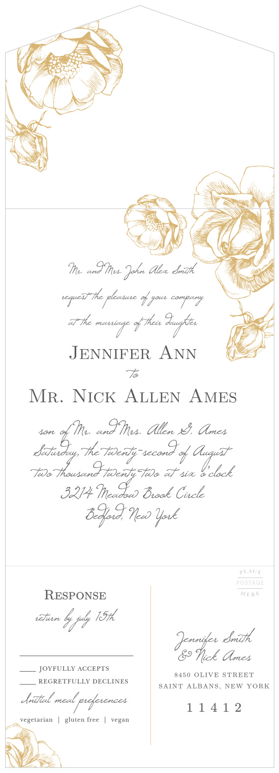 A simple rose in gold comes together to make the perfect wedding invitation with the Illustrated Rose Seal & Send Wedding Invitations.