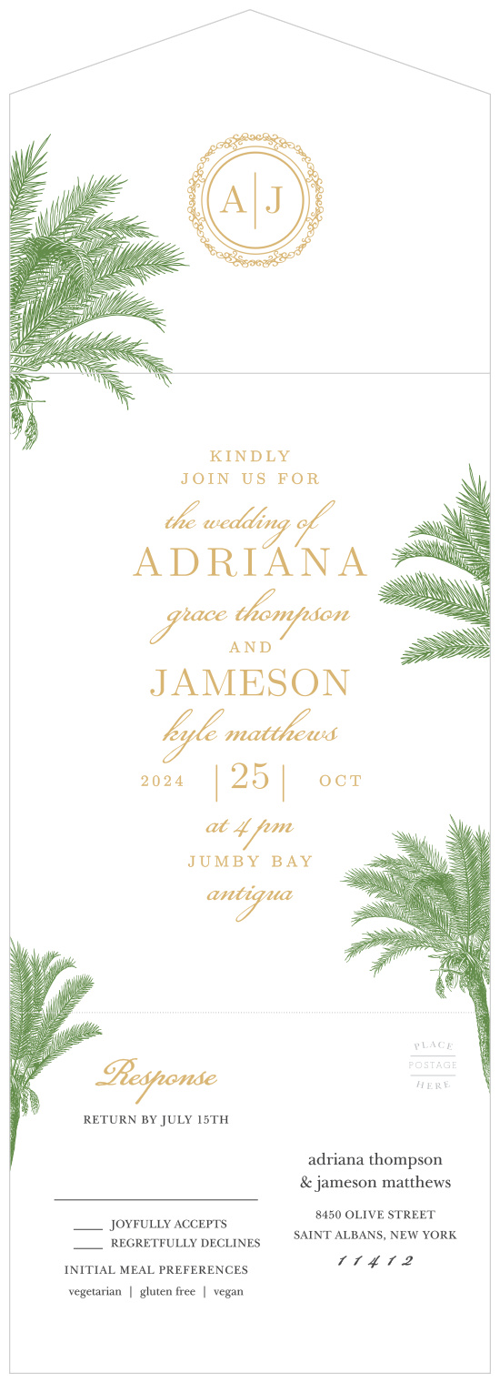 Exotic palm trees accent the sides of corners of the Caribbean Palm Seal & Send Wedding Invitations.