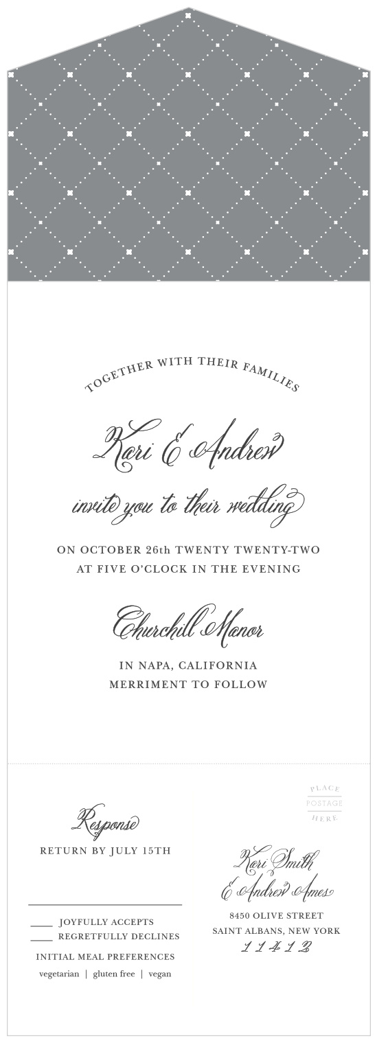 Our gorgeous Timeless Script Seal & Send Wedding Invitations use a stunning calligraphy to spell out your names and a clear-cut print to share the details of your wedding.