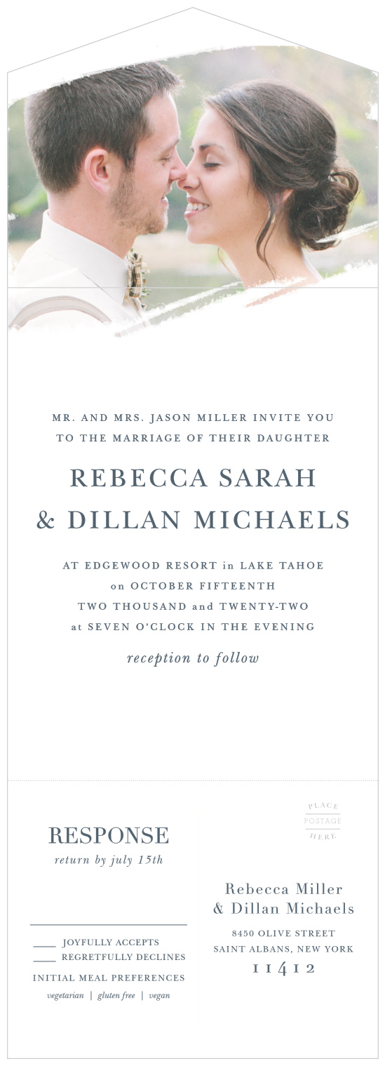 A beautiful, paint swatch shaped photo highlights the occasion and is the first thing your guests will see when they open your Brushstroke Bliss Seal & Send Wedding Invitations.