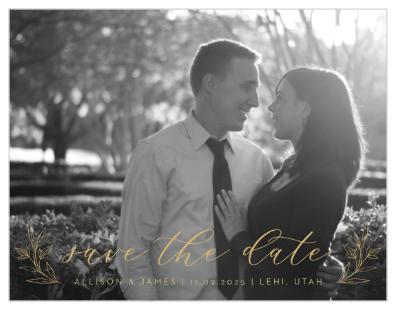 A beautiful photo of you as a couple comprises the background of our Redwood Forest Wedding Save-the-Date Cards.