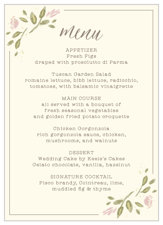 Detail every tantalizing option for your guests with the rustic simplicity of our Wildflower Ampersand Wedding Menus. Your title lights across the top of each page in old-bronze calligraphy, a stark contrast to the cream background. A thin frame encircles your text, supplemented at the corners by slanted crowns of freshly-picked florals.