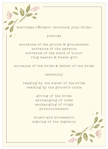 Guide your guests through every moment and member of your wedding ceremony with the botanical beauty of our Wildflower Ampersand Wedding Programs. A slanted crown of freshly-picked florals adorns opposing corners of each page, drawing the eye to your line-by-line depiction of the day's festivities.