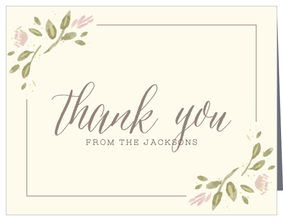 A simple message sprawls across the center of our Wildflower Ampersand Wedding Thank You Cards, its elegant calligraphy a beautiful complement to the rustic coloration of the card's design. A twin set of airbrushed leaves adorns either corner of the thin frame surrounding your text, drawing your guests' eyes into the words that matter most. With plenty of space inside to customize each card to each guest, these cards are a lovely addition to your wedding suite.