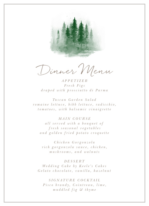 Our Watercolor Pines Wedding Menus spell out the details of your reception dinner with a sophisticated, elegant design. 
