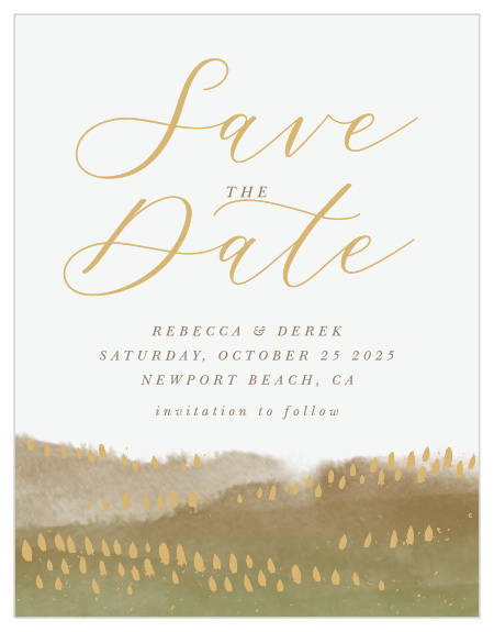 A watercolor impression of a mountain range on a brisk, autumn day sets the scene for your scripted names and wedding details on our Moody Mountains Save-the-Date Magnets.