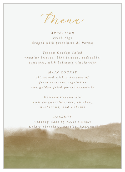 A watercolor impression of a mountain range on a brisk, autumn day sets the scene for your scripted names and ceremony schedule on our Moody Mountains Wedding Menus.