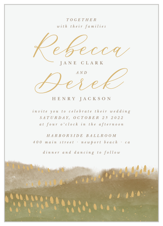 A watercolor impression of a mountain range on a brisk, autumn day sets the scene for your scripted names and wedding details on our Moody Mountains Wedding Invitations.