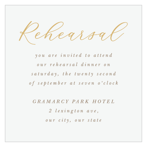 Our Moody Mountains Rehearsal Cards feature gold-foiled calligraphy and earth-toned, italicized print.