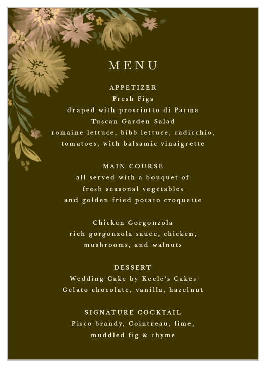 Our Mountain Wildflowers Wedding Menus will make your wedding reception dinner stand out and help guests feel welcomed and informed.