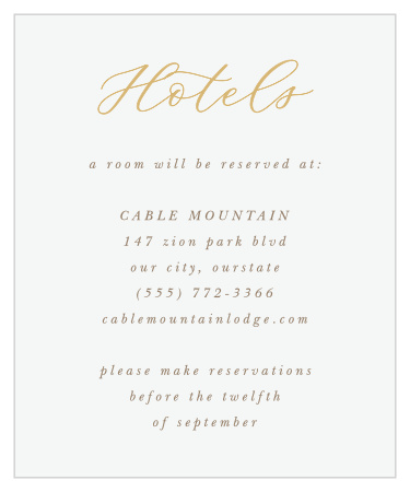Our Moody Mountains Accommodation Cards feature gold-foiled calligraphy and earth-toned, italicized print.
