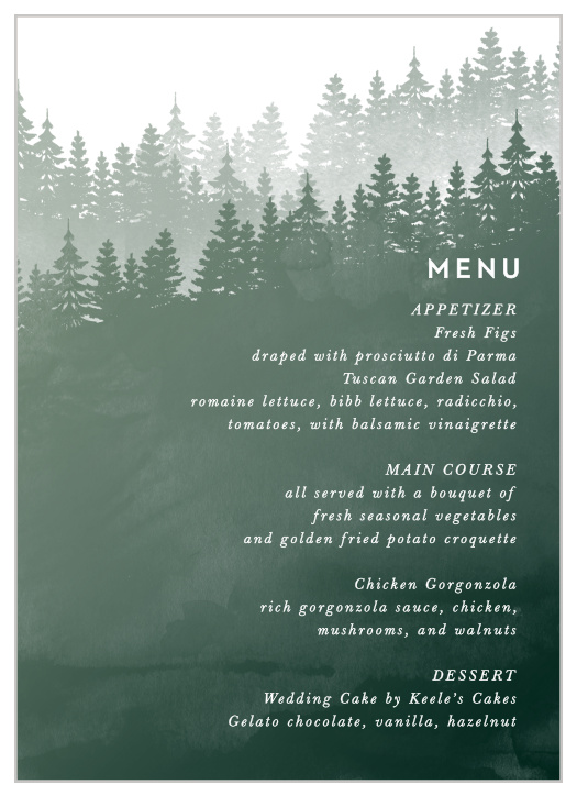 Our Forest Watercolor Wedding Menus have a rustic, dreamy feel to them.