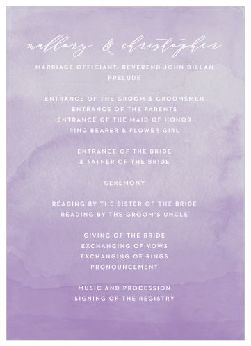 Guide your guests through every step of your ceremony with the Lilac Dip Dye Wedding Program.