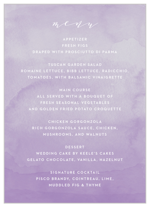 Give your guests all the best options with our Lilac Dip Dye Wedding Menus!