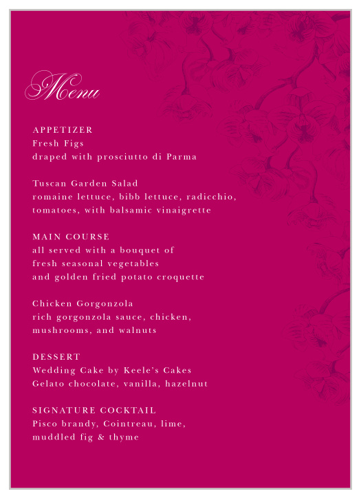 Let your guests know what they will be eating on your wedding night with our Cascading Blooms Wedding Menus.