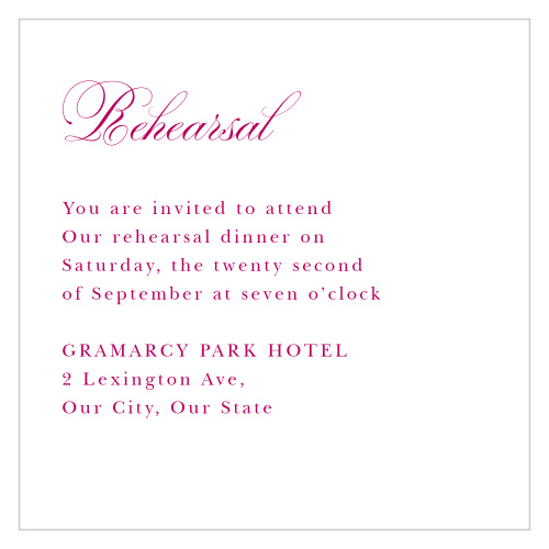Let your cherished friends and family know that they are invited to the rehearsal dinner for your wedding with our Cascading Blooms Rehearsal Cards.