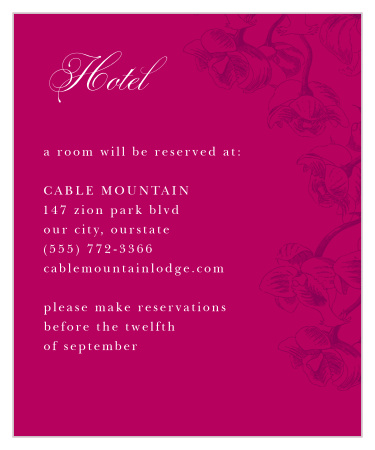 Guarantee that your cherished friends and family know where to go and will be comfortable in the days surrounding your wedding with the romantic style of our Cascading Blooms Accommodation Cards.