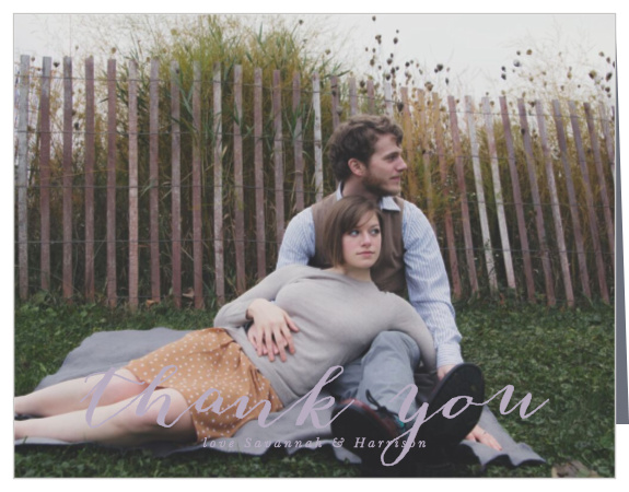 The modern design of our Hydrangea Blossoms Wedding Thank You Cards features a photo of you as a couple as the entirety of the background.