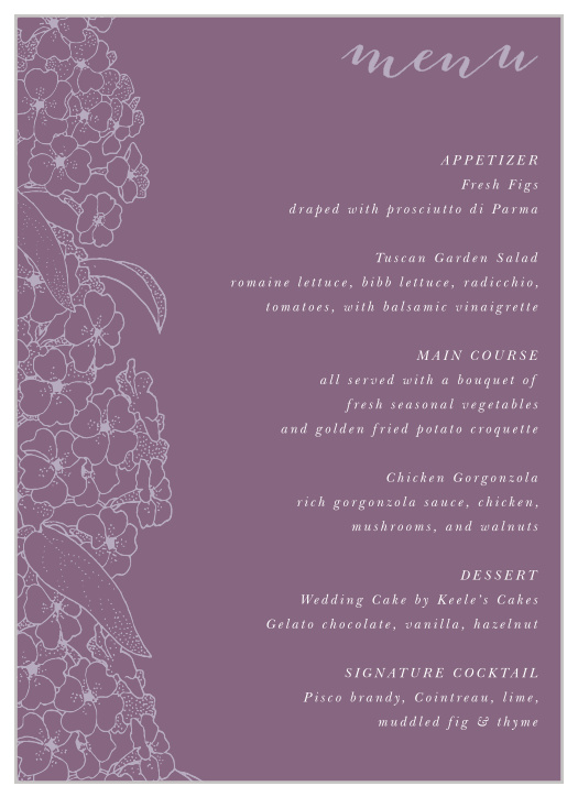 The floral design of our Hydrangea Blossoms Wedding Menus is dignified and graceful!  