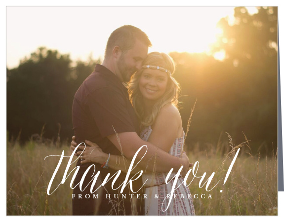 Give your traditional appreciation a modern take with the design of our Woodgrain Calligraphy Wedding Thank You Cards. Featuring your favorite photograph as its eye-catching background, beautiful calligraphy for your short message, and neat typography for your names, these cards are a gorgeous way to say everything you could ever need to.