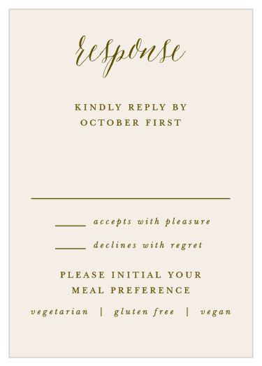 Prepare for every guest and their individual needs with the simple yet stunning style of our Woodgrain Calligraphy Response Cards. Olive text lights across the ecru-colored background, forming elegant swirls and neat lines of typography to spell out every detail you need from your guests.