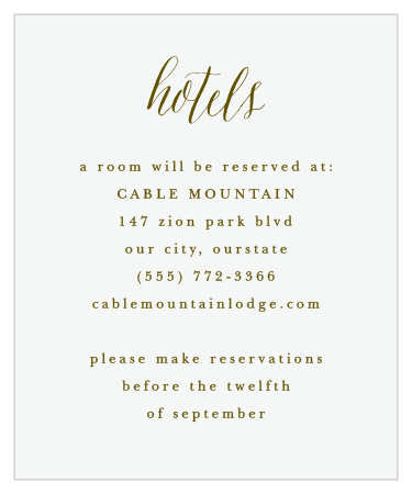 Keep your guests comfortable in the days surrounding your wedding with the lovely styling of our Woodgrain Calligraphy Accommodation Cards. A beautiful handwritten script tops each page, a gorgeous introduction to the olive-colored typography spelling out your recommendation.