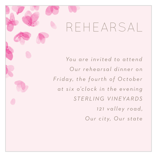 You'll need to let everyone that's a part of the wedding know when the rehearsal is, so why not spread the word with our beautiful Cherry Branch Rehearsal Cards?